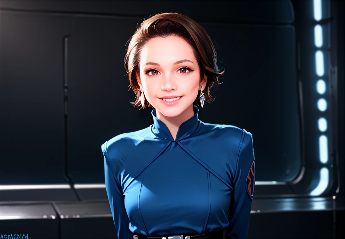 score_9, score_8_up, score_7_up, cadey mercury, 1girl, solo, brown eyes, smile, jewelry, earrings, short hair, dress, brown hair, arms behind back, looking at viewer, realistic, lips, blue dress, long sleeves, upper body,  science fiction,  <lora:SW_Imperial_Style:1> Imperial-Style, Imperial-Tech, Star Wars, black walls, dark, gloomy <lora:Porn_Star_Cadey_Mercury:1>