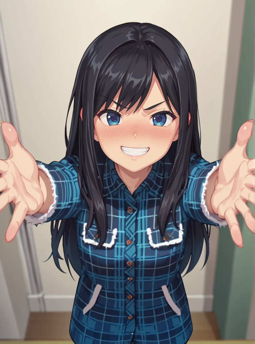 score_9, score_8_up, score_7_up, score_6_up,source_anime, (anime screencap:1.2)anime coloring,   <lora:Mezool_OOO:0.7>mezool, long hair, black hair,, blue eyes,plaid,jacket, indoors ,  nose blush, pov, evil grin,  outstretched arms, partially shaded face, from above,