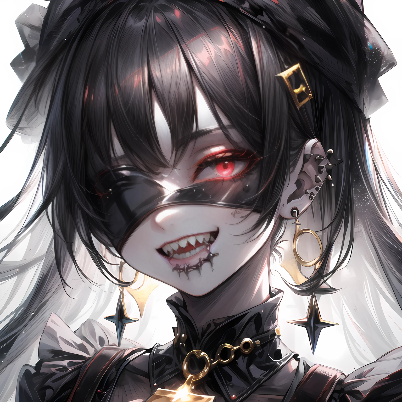 1 girl, gothic, piercing and earring, blindfold, laughs, gold teeth, chromatic style, high face quality, dinamic light,  <lora:GHT_V1-000001:1>GHT,  <lora:more_details:0.7>