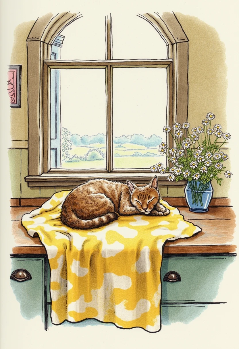 Charming Victorian watercolor and ink illustration, by Kate Greenaway. Features cat asleep next to the window of a cosy kitchen, lying on a yellow and white blanket. There is a vase with daisies on the counter nearby