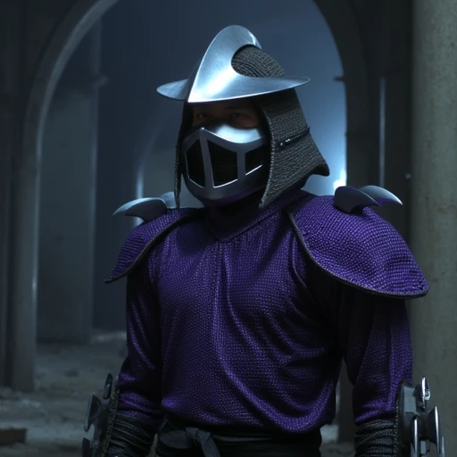 solo, a TMNTShredder armored samurai knight, wearing a purple outfit with claw spike pauldrons and metal samurai helmet with mask, standing defiantly in an eerie abandoned construction site at night. Dynamic lighting and shadows, in progress construction building and pillars and beams and work lights fill the background and the image gives a deep eerie atmosphere of tension and the sense that a battle will soon take place. source_IRL, source_movie