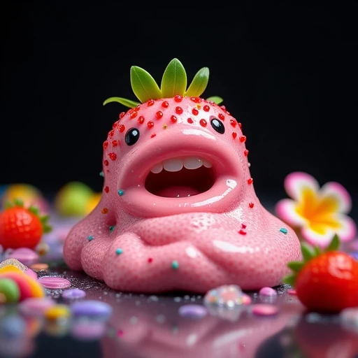 colored skin, black background, blurry background, strawberry, teeth, food focus, candy, abstract, rainbow slime, flower, gem, blurry, pokemon (creature), slimey, solo