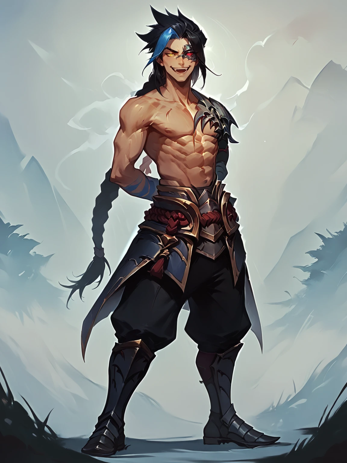 score_9, score_8_up, score_7_up, BREAK, KaynNormal, 1man, solo, long black hair, long braided ponytail, blue strand of hair, metalic mark on face with red eye, heterochromia, one pauldron, one red armored demonic hand, topless, abs, belt, pants, (armored boots), ((hands behind back)), full body shot, smug, fangs, staying in darkness, Concept Art, <lora:KaynNormal:1> <lora:Concept Art Twilight Style SDXL_LoRA_Pony Diffusion V6 XL:1> <lora:- SDXL - vanta-black_contrast_V3.0:1>