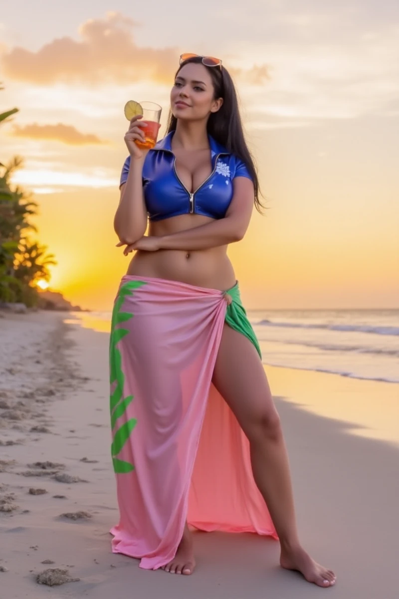 Nico Robin, a woman with a blue top and long pink and green pareo that she wears like a skirt. navel. Eyewear on the head. having a cocktail on the beach sunset <lora:Nico:0.8>