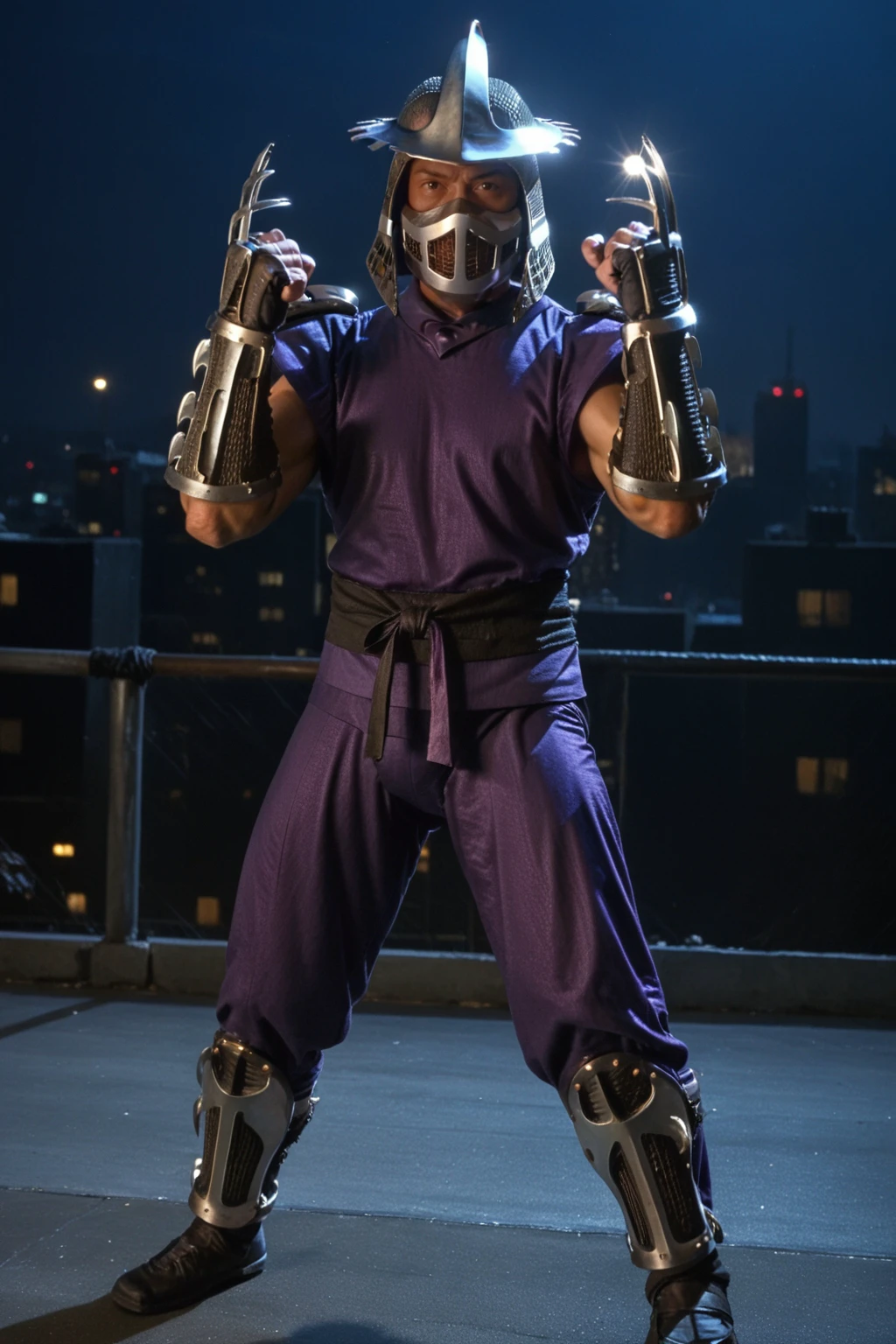 score_9, score_8_up, score_7_up, ((source_IRL, source_movie)), masterpiece, high quality, ((full body shot, front view)),
a TMNTShredder 1man armored samurai knight with claw gauntlets, wearing a purple outfit with pauldrons and metal samurai helmet with mask, (skinny, muscular, fitness physique), <lora:TMNTShredder_Pony_v3:1>
(standing, fight stance, martial arts pose)
((on a city rooftop, at night)), dark sky, city lights, skyscrapers in background
dynamic lighting, shadows, cinematic