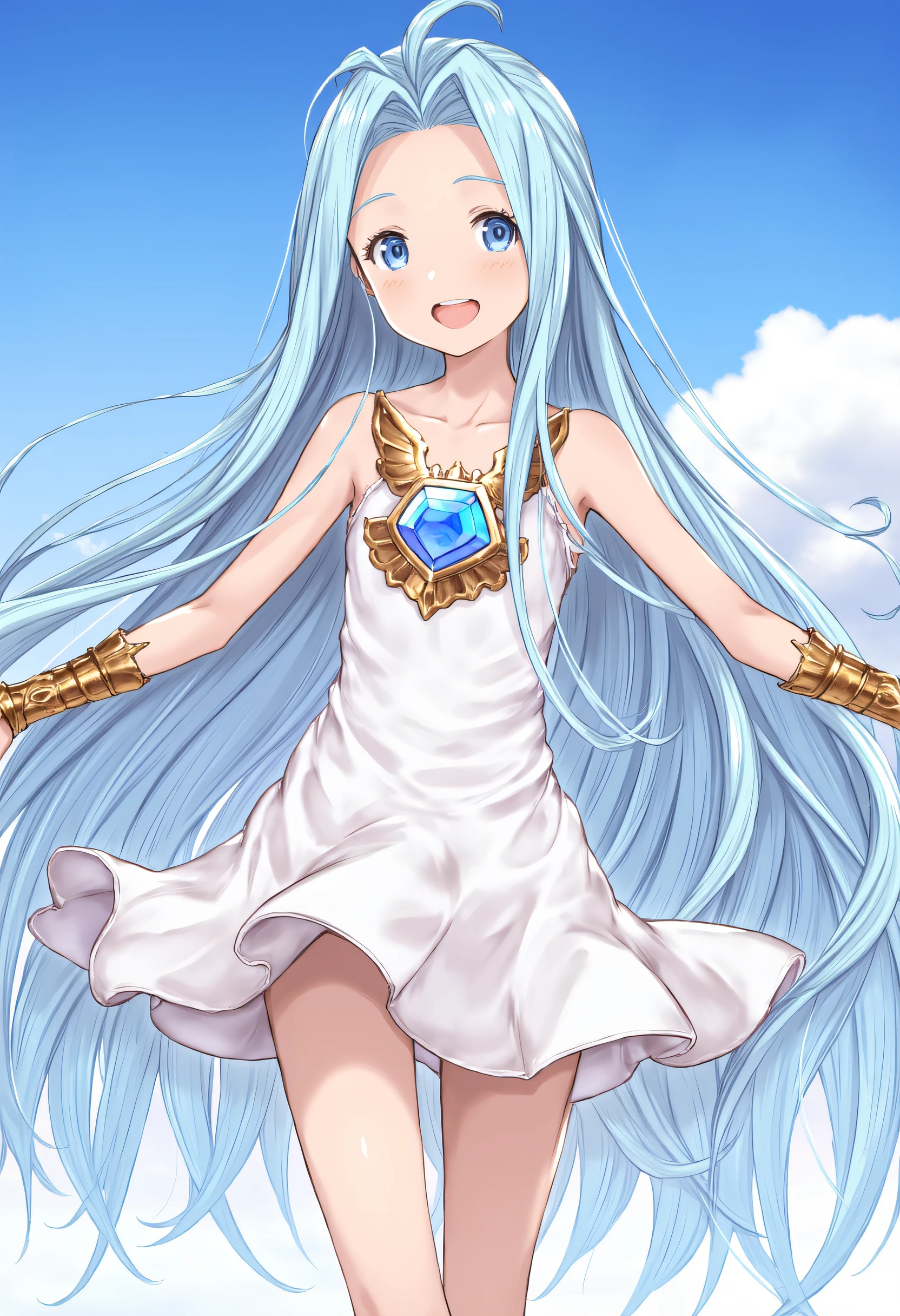 masterpiece, best quality, ultra detailed, anime-style art of a girl named Lyria (Granblue Fantasy) with bright blue eyes,very long hair, blue hair, ahoge, parted bungs, white cami-dress, and looking at viewer. She is very cute and skinny with small breasts.She is dancing with her outstreched arms and smiling under the blue cloudy sky looking at viewer.She has blue gem on her chest and bridal gauntlets.