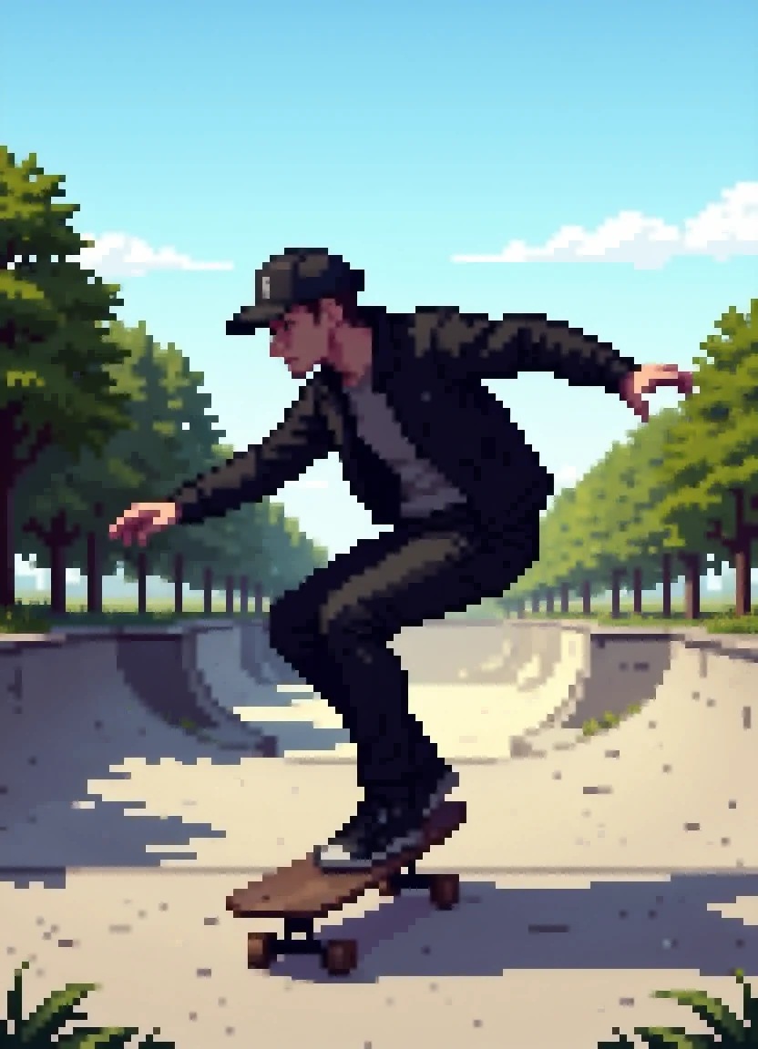 pixel_art_style, an adult man skateboarding in a skate park