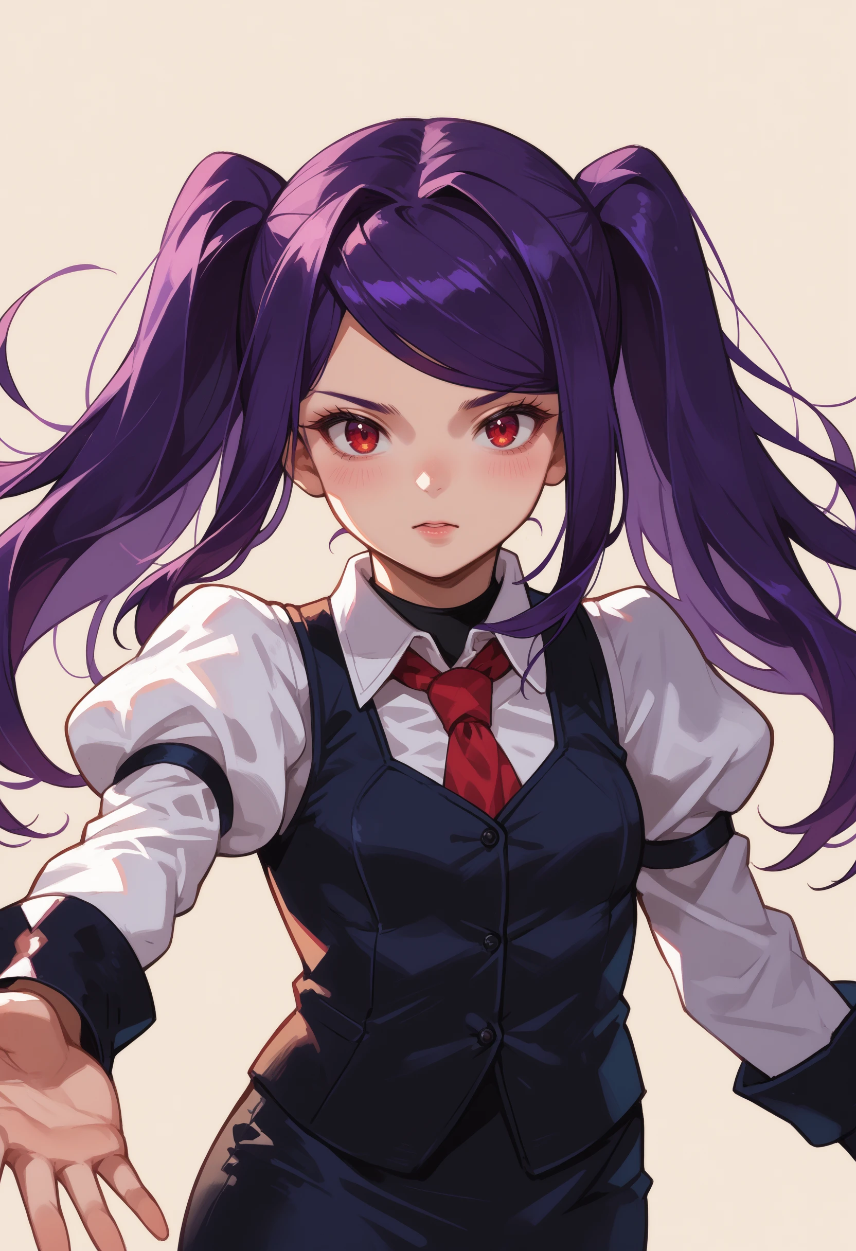 score_9, score_8_up, score_7_up, source_anime, 
<lora:wrenchJillStingrayVallhallaMulti-000009:1>, defjill, long hair, twintails, purple hair, red eyes, sidelocks, swept bangs, 
white shirt, vest, pencil skirt, pantyhose, collared shirt, red necktie, puffy sleeves, juliet sleeves, long sleeves, 
portrait, reaching towards viewer,