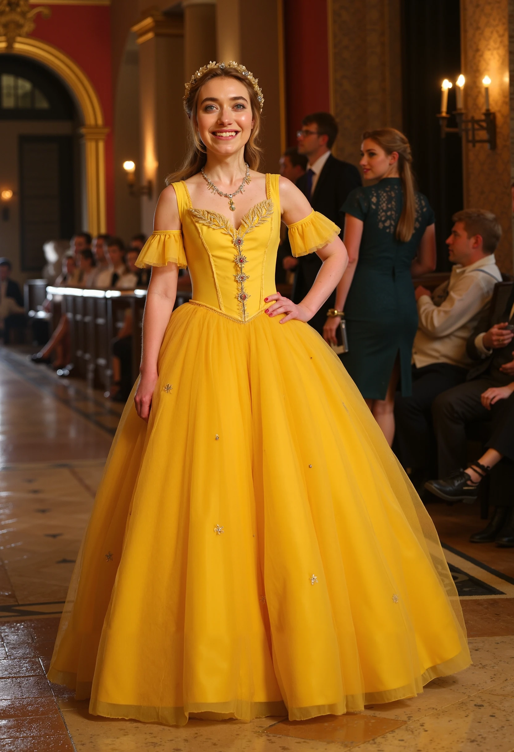 imogenpoots wearing the yellow dress from beauty and the beast