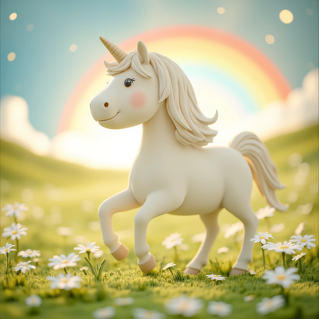 Juaner_clay,
A majestic white unicorn, with a sparkling horn and mane, galloping through a field of wildflowers under a rainbow.