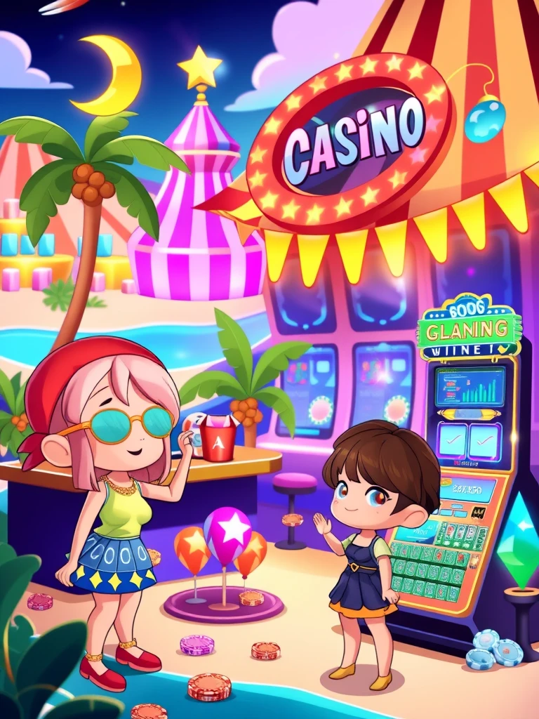 style_mix,  Chibi characters enjoying a magical casino on a tropical island, with bright neon lights, palm trees, and enchanted gaming elements. The environment is whimsical and playful, with a mix of fantasy and tropical vibes. , <lora:album_cover:1>