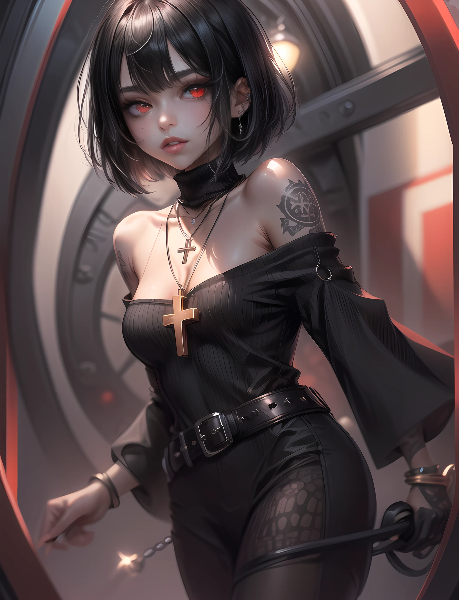 1girl, solo, short hair, black hair, jewelry, looking at viewer, necklace, cross, portrait, bangs, red eyes, closed mouth, turtleneck, blurry background, cross necklace, lips, piercing, blurry, bob cut, eyelashes, full body,  <lora:more_details:0.7>,  GHT <lora:GHT-000001:1>