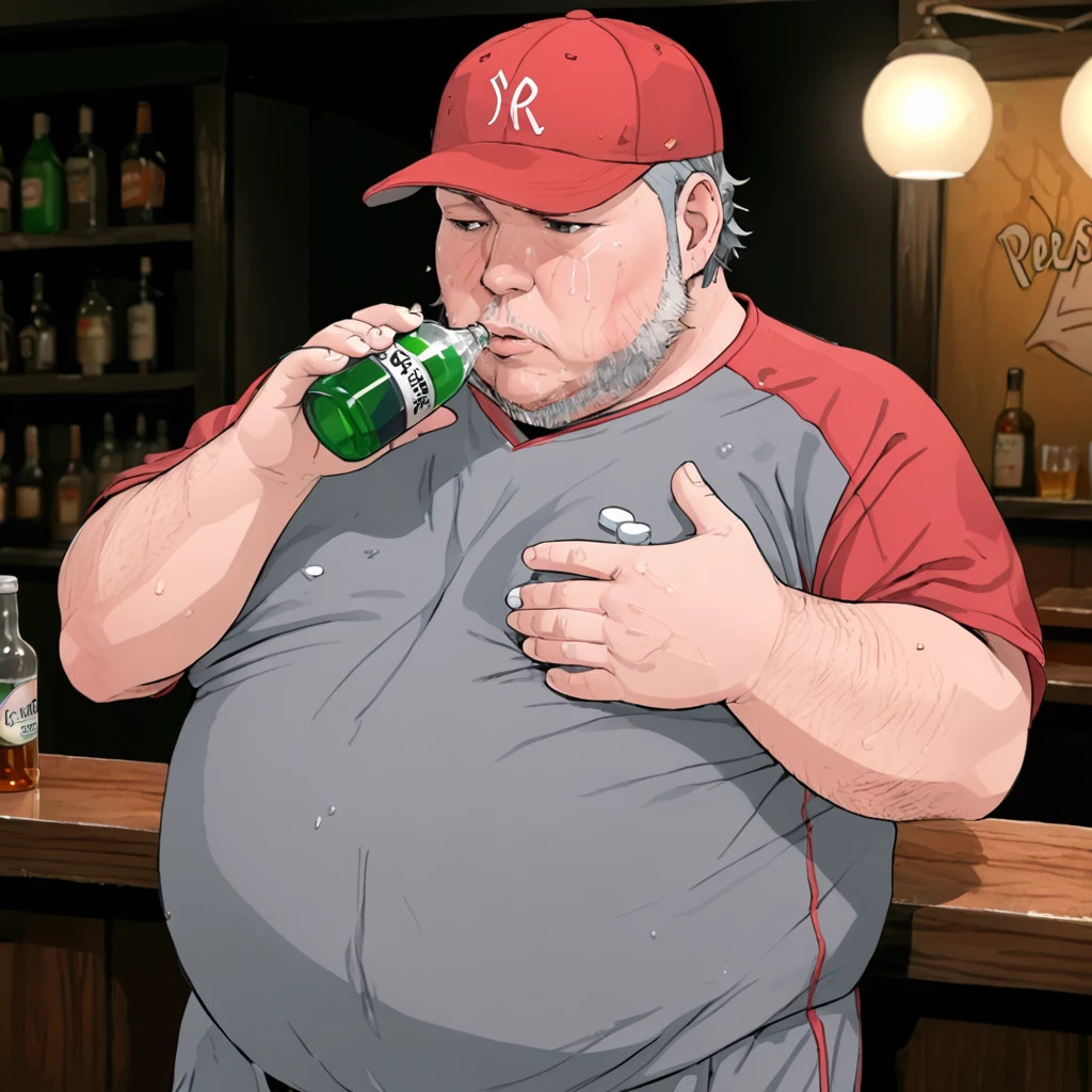 ethanralph,, standing, facial hair,  gray hair, fat, obese, rosacea, red baseball cap, drinking alcohol,  holding pills, sweaty, solo, standing in bar, red and black, persona, (Persona:1.2), (Shigenori Soejima:1.2) , <lora:XL_ethanralph_v1:1>, <lora:persona_xl_a31_c:1>