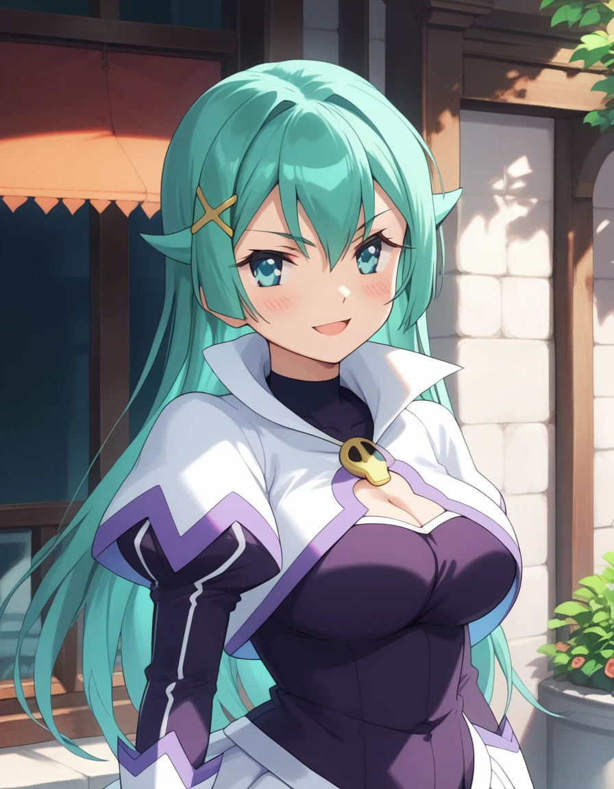 tesla_violet, long hair, hair ornament, aqua hair, green hair, aqua eyes, large breasts,
long sleeves, puffy sleeves, cleavage cutout, white gloves, purple dress, white skirt,purple skirt, choker, white capelet, juliet sleeves,turtle neck,clothing cutout
<lora:tesla_violet_pony_v1:1>
standing, ojou-sama_pose open mouth, blush,smirk looking at viewer,(upper body,:1.3), outdoors,, score_9, score_8_up, score_7_up, BREAK source_anime, best quality, masterpiece,very aesthetic, zPDXL2,official art,detailed_eyes,1girl, solo,