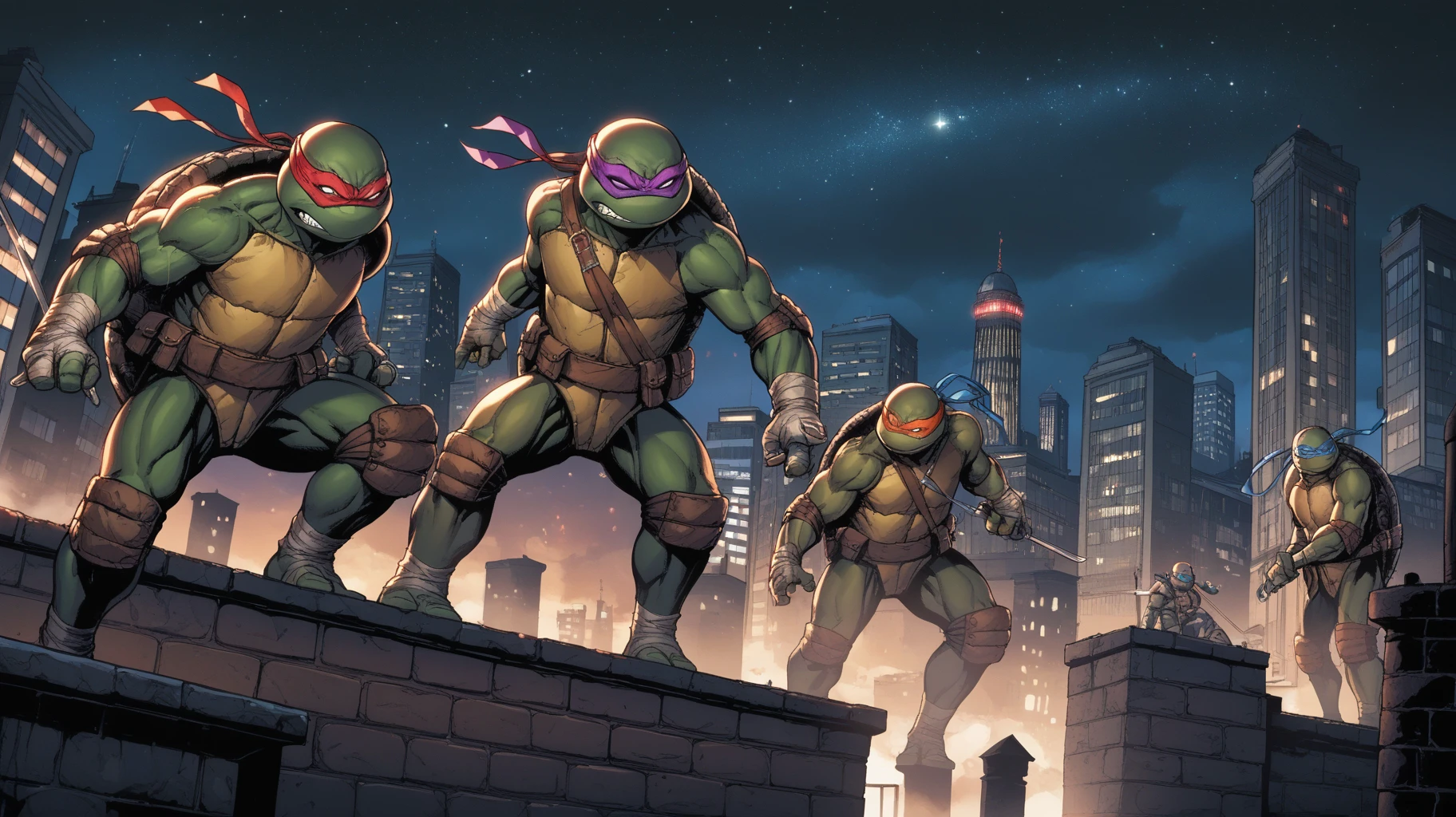 score_9, score_8_up, score_7_up, ((source_cartoon)), masterpiece, high quality ((quadruplets, 4boys)),
<lora:TMNT_AIO__DigitalArtStyle_Pony:1>, a TMNTGroup, a group of four teenage mutant ninja turtles standing on a city rooftop together in a fight stance pose. Dynamic lighting and shadows, city lights and skyscrapers fill the background and the image gives a deep atmosphere of tension and the sense that a battle will soon take place. A TMNTMichelangelo wears an orange bandana mask with eye-holes, a TMNTDonatello wears a purple bandana mask with eye-holes, a TMNTRaphael wears a red bandana mask with eye-holes, a TMNTLeonardo wears a blue bandana mask with eye-holes.
(all standing together)
((on a city rooftop, at night)), dark sky, city lights, skyscrapers in background
dynamic lighting, cinematic