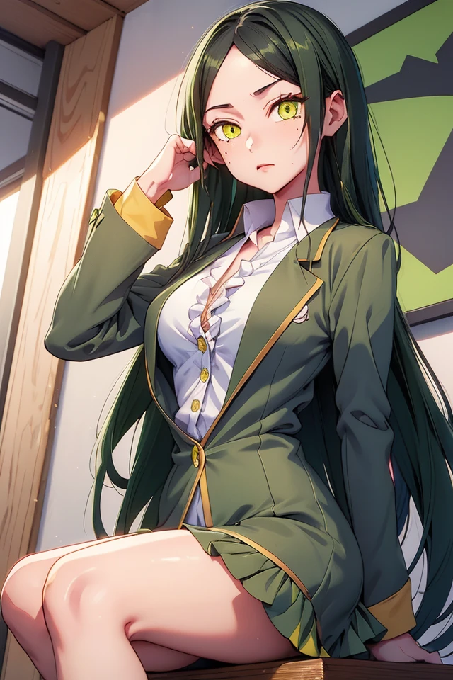 (P_Frill_Shiranui), 1girl, mole under eye, solo, long hair, looking at viewer, dark green hair, green yellow eyes, mole under mouth, slit pupils,
(navy jacket, grey dress, white shirt),