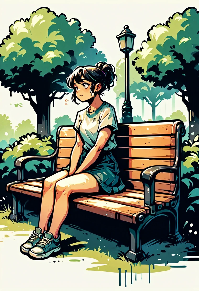 score_9, score_8_up, score_7_up, score_9, <lora:Toon Graffiti Style:1>, 1girl, sitting, on bench in park