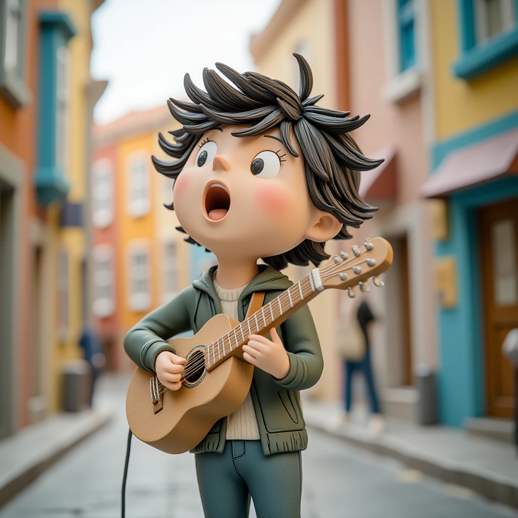 Juaner_clay,
A talented young musician with a soulful voice, busking on a vibrant city street corner, captured from a dynamic angle.