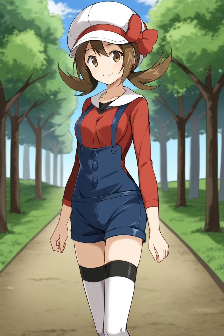 (best quality,4k,8k,highres,masterpiece:1.2), ultra-detailed, realistic:1.37, HDR, studio lighting, vivid colors, bokeh, baking, sketches, full body, eyewear on head, hat, skirt, sunglasses, shirt, black shirt, sleeveless, red skirt, pink hat, black thighhighs, white panties, detailed eyes, innocent gaze, nervous, fearful, embarrassed, nervous smile, visible thighs, thick thighs, thighs in the foreground, walking, forest, watched by a crowd of men, they observe her body, looking_at_viewer, she tries to hide her thighs with her hands