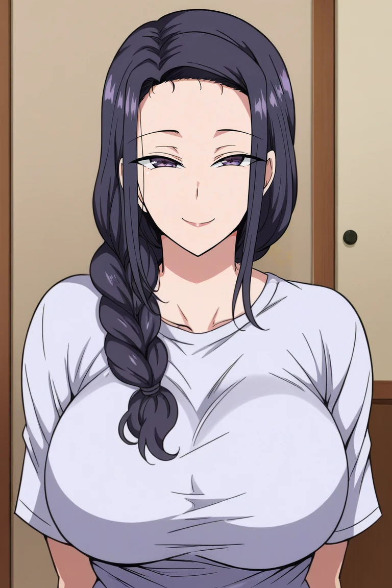 <lora:Tsubaki_Miyajima-Saimin_Seishidou:1>,Tsubaki,1girl,mature female,long hair,black hair,purple eyes,hair over shoulder,braid,breasts,t-shirt,upper body,smile,looking at viewer,indoors