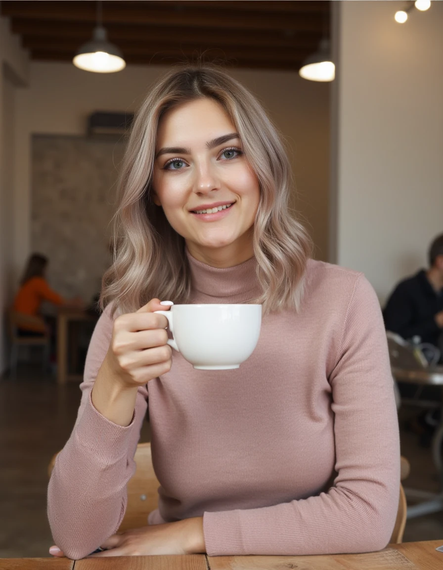 <lora:Eva_Elfie:1> realistic photo of  evaelfie, wearing a fitted  turtleneck sweater,  sitting in a cafe having a coffee, smiling, looking at viewer.