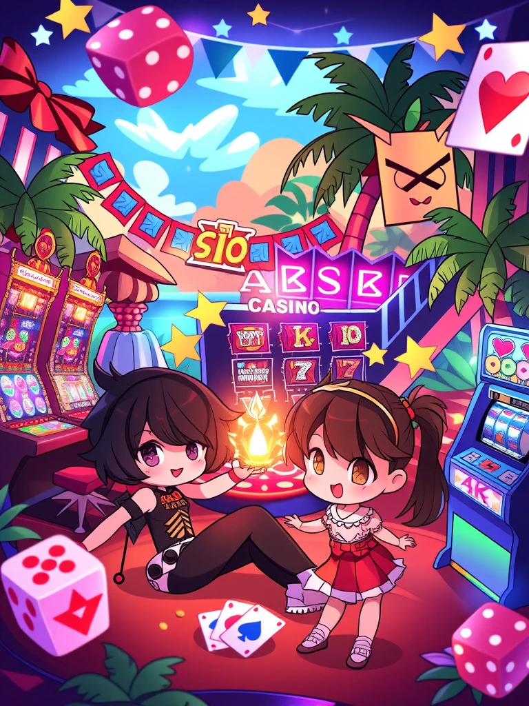 style_mix,  Chibi characters in a colorful, tropical fantasy casino, with enchanted slot machines, glowing dice, and floating playing cards. The setting is vibrant and whimsical, with a blend of magical and gaming elements. , <lora:album_cover:1>