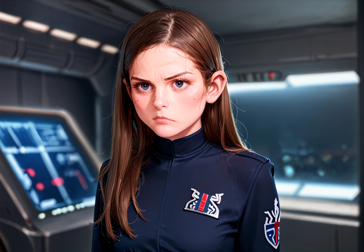 score_9, score_8_up, score_7_up, lara brookes, 1girl, solo, brown hair, long hair, freckles, pout, upper body, slender, petite, realistic, uniform dress, long sleeves, blurry background <lora:Porn_Star_Lara_Brookes:1>  science fiction, <lora:SW_Imperial_Style:1> Imperial-Style, Imperial-Tech, Star Wars, black walls, dark, gloomy