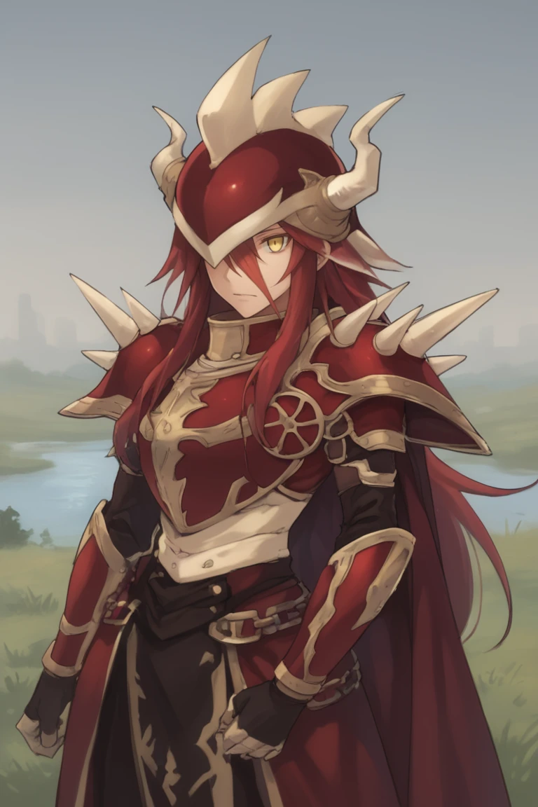 score_9, score_8_up, score_7_up, score_6_up, source_anime, BREAK, <lora:Gulcasa-000012:0.7> , guldef, (1boy), red hair, long hair, hair between eyes, yellow eyes, (armor), full armor, spikes, shoulder armor, one eye covered, horned helmet, spiked helmet, horned headwear, shoulder spikes, cape, red cape, pauldrons, gauntlets, (cowboy shot), looking at viewer, smile, closed mouth, <lora:zy_Detailed_Backgrounds_v1:0.3> , detailed background, highly detailed, outdoor, river, meadow, plains, <lora:OldAnimeStyle_PonyXL:0.6> , Vintage, 1990s \(style\),