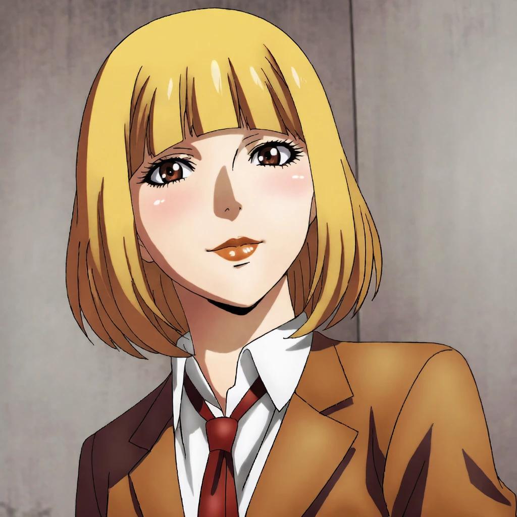 <lora:hanaprisonschool_pony_v1:.8> hanaprisonschool, 1girl, solo, blonde hair, school uniform, brown eyes, necktie, blunt bangs, makeup, lipstick, blazer, jacket, lips, short hair