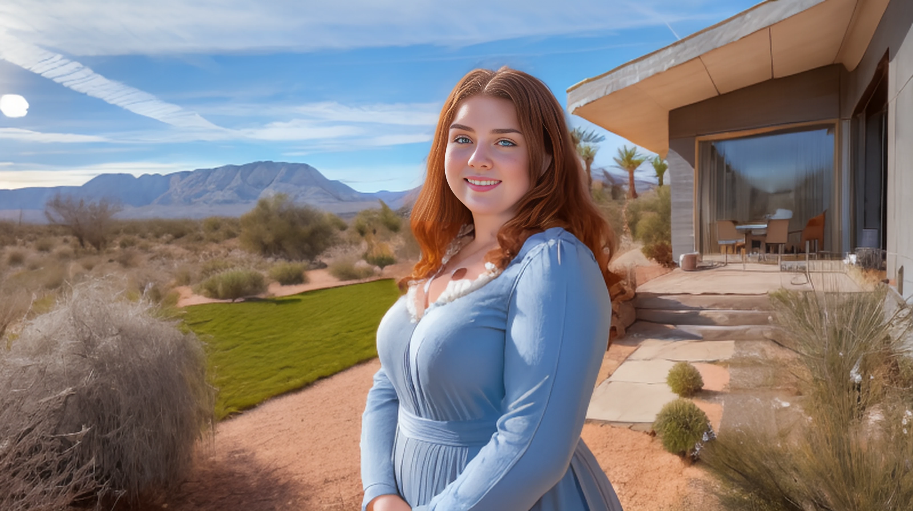 professional digital RAW photograph of a confident (round faced:1.2) (slightly chubby:1.3) redheaded German woman, (21 years old:1.2), (smiling:1.2), (wearing a (cotton:1.1) dark-blue-grey dress:1.2), (standing with a (demure pose:1.4) in the desert garden:1.2) of (a highly-detailed ultra-modernist house, white paint and brushed metal:1.4), (in the Mojave desert:1.2), (beautiful:1.1) rocky desert landscape with red rock, desert grasses, scraggly trees, (sunshine, fluffy clouds:1.2), (volumetric light:1.2), (subsurface scattering:1.3), epiCPhoto, <lora:epiCRealismHelper:0.6> <lora:Mojave_Desert_LoRA:0.7> <lora:Hand v3 SD1.5:0.65> <lora:flashphoto:1.5> <lora:face_average:0.75> <lora:LowRA:0.55> <lora:breastsizeslideroffset:-0.5>