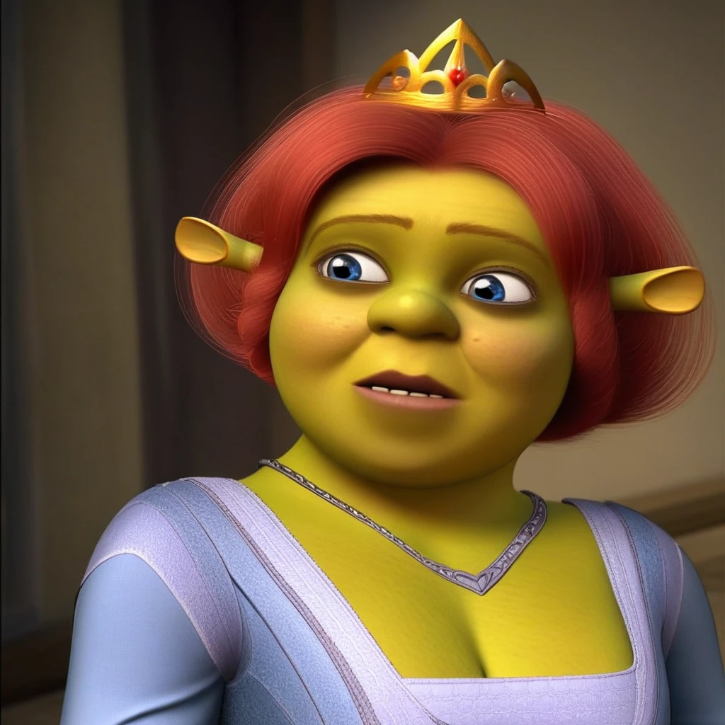 ogre woman, long sleeves, tiara on their head, cleavage, large breast, necklace, slippers, green skin female, short red hair, blue dress, antenna ears, blue eyes