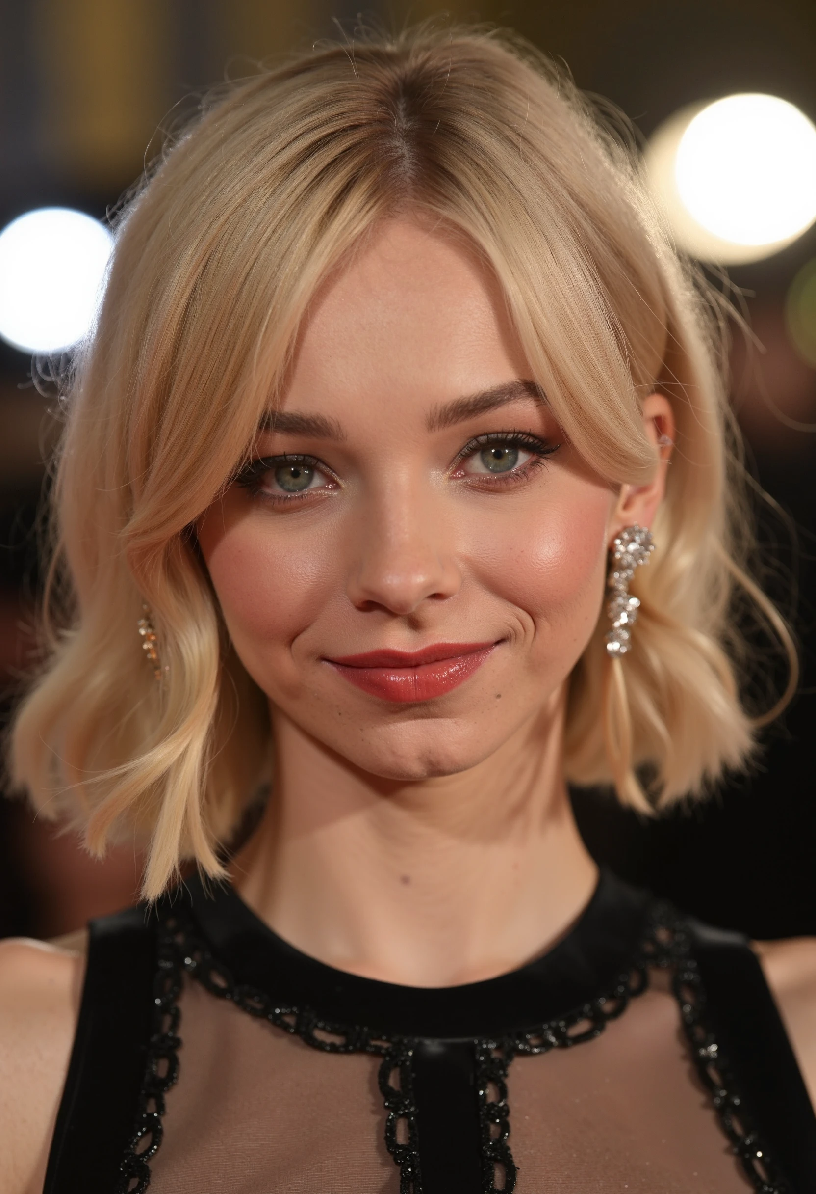 A close-up portrait of a blonde woman emmamyers at a red carpet event, wearing an elegant closed neckline black dress. The dress features intricate silk detailing along the neckline and a subtle shimmer that catches the light. Her makeup is flawlessly applied, with a classic red lip and a smoky eye, enhancing her natural beauty. Her hair falling down besides her face in a very stylish way, with a few loose strands framing her face. She is wearing elegant diamond earrings that sparkle against her skin. The background is softly blurred, with hints of flashing cameras and glamorous lighting, drawing all attention to her poised and radiant expression. The overall mood of the portrait is one of sophistication and timeless elegance
