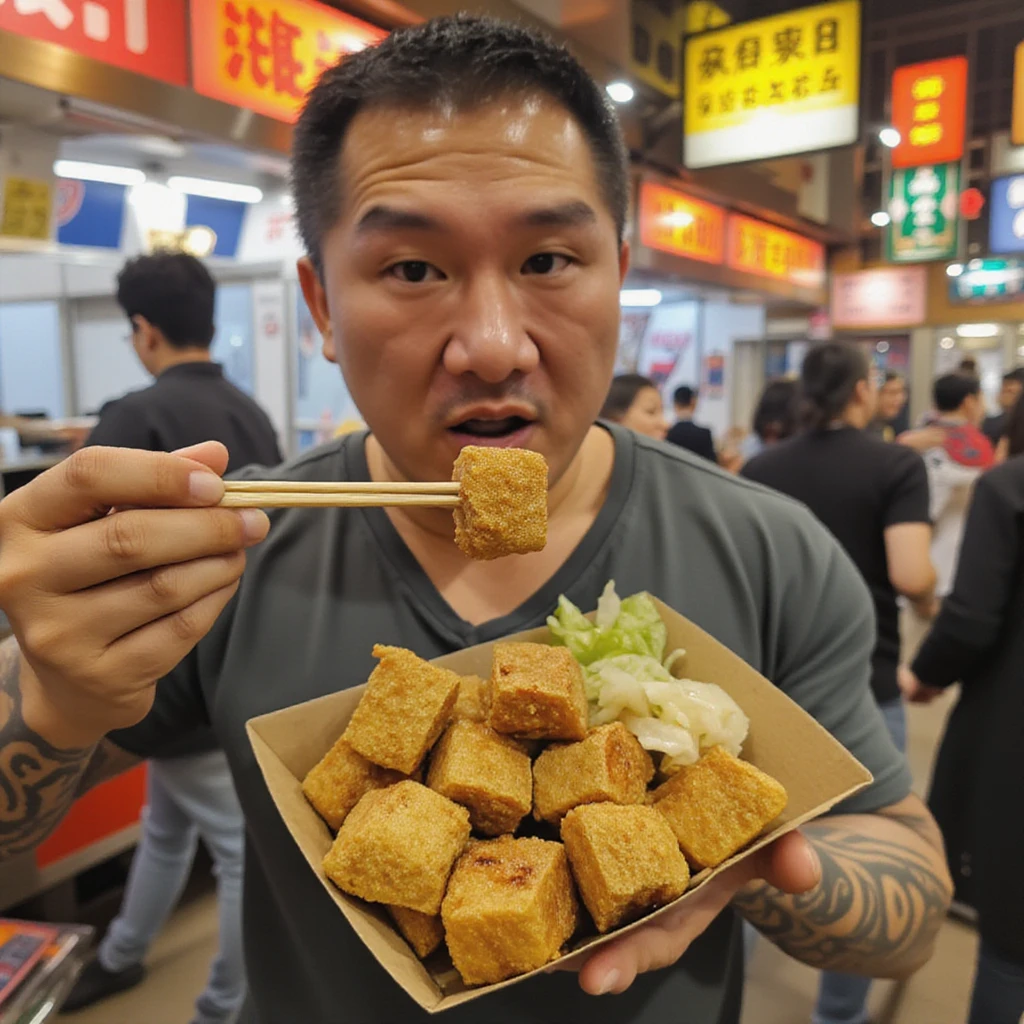 Full body shot of a man enjoying Taiwanese stinky tofu in a bustling night market. The man, in his 30s, is casually dressed in jeans and a t-shirt, standing comfortably amidst the lively atmosphere.
In his left hand, he holds a small, round paper container about the size of his palm. The container is filled with bite-sized cubes of deep-fried stinky tofu, each piece approximately 2-3 cm wide. The tofu has a golden-brown color with a visibly porous surface, showcasing its crispy, airy texture. Small bubbles and irregular indentations on the tofu's exterior emphasize its light, crisp structure.
Nestled beside the tofu in the container is a modest portion of finely shredded pickled cabbage. The cabbage strands are long and thin, their bright green color contrasting nicely with the golden tofu. The cabbage appears slightly wilted and glistening from pickling.
In his right hand, the man holds a thin wooden skewer, piercing a single cube of the crispy tofu. He's captured mid-motion, bringing the tofu towards his mouth with an expression of anticipation. A small drop of reddish-brown sauce clings to the tofu, about to fall.
The background depicts a typical night market scene with food stalls, hanging lanterns, and other patrons, all slightly blurred to keep focus on the man and his snack. Warm, ambient lighting bathes the scene, highlighting the steam rising from the freshly cooked tofu.
The composition ensures that the food container is in proportion to the man's body, appearing as a reasonable snack size rather than dominating the image