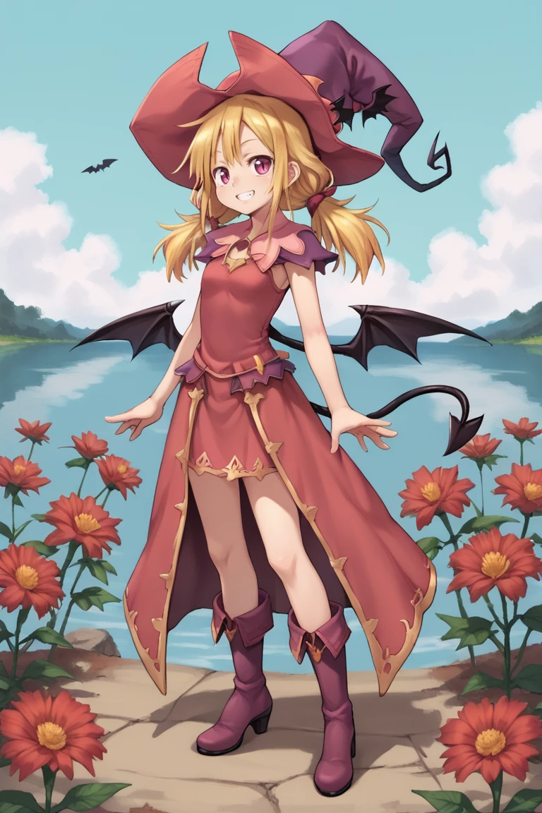 (score_9, score_8_up, score_7_up, score_6_up), source anime, BREAK, <lora:Witch:0.85> , widef, 1girl, blonde hair, low twintails, purple eyes, witch, red witch outfit, witch hat, bat wings, tail, dress, boots, full body, standing, looking at viewer, serene, elegant, graceful, smile, BREAK, <lora:zy_Detailed_Backgrounds_v1:0.6> , detailed background, highly detailed, exterior, lake, blue sky, clouds, daylight, flowers, <lora:luicent:0.7>