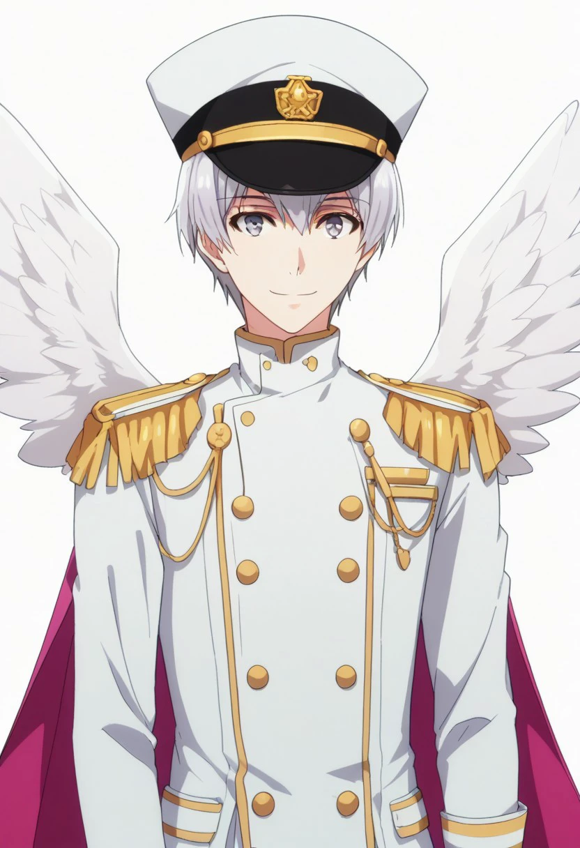 score_9, score_8_up, score_7_up, source_anime, highly detailed, 
sogosaka, 1boy, male focus, gloves, epaulettes, hat, uniform, military uniform, military, white gloves, solo, grey hair,
grey eyes, looking at viewer, smile, double-breasted, military hat, buttons, peaked cap, wings, upper body,
indoor,