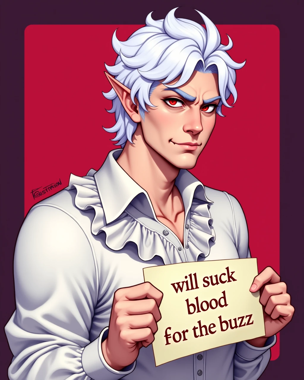 <lora:Astarion_Baldurs_Gate_3-000016:1>, portrait of BG3_Astarion holding a sign that says "will suck blood for buzz", white hair, red eyes, smirk, white ruffled shirt, red and purple simple background