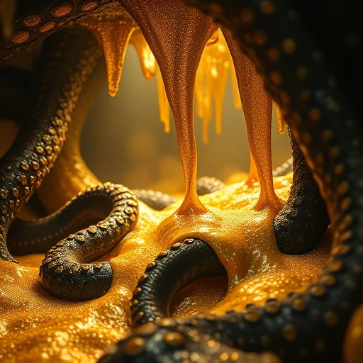 still life, sunlight, slime (substance), black footwear, food focus, shining colors, dildo, cave, golden slime, blurry, heart, realistic, tentacles, close-up, sex toy