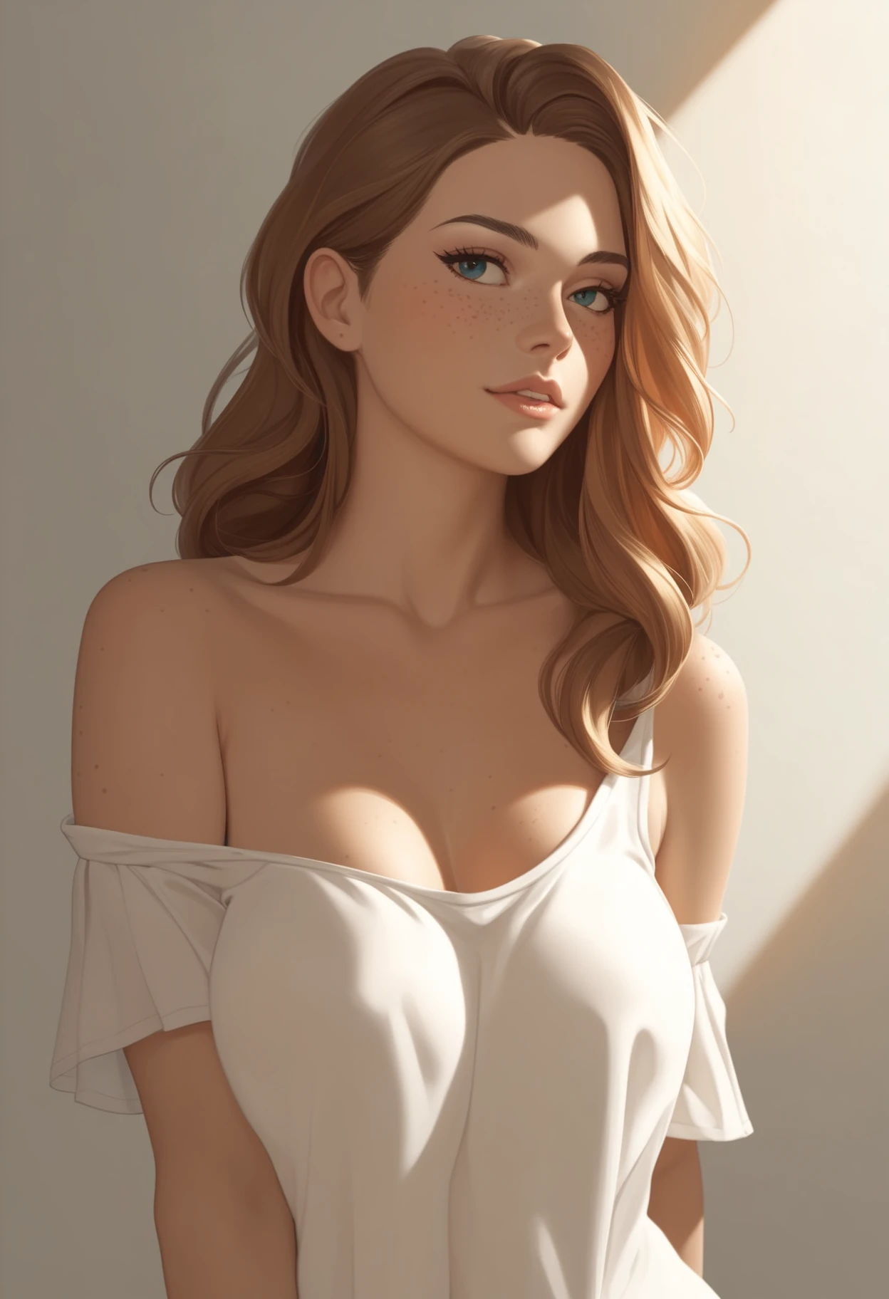 Portrait photography, (Innocent and alluring woman in off-shoulder shirt:1.3), Dynamic angle composition, Long flowing hair, Beautiful expressive eyes, (Delicate freckles:1.2), Medium breasts, Subtle cleavage, Tight body posture, (Cozy bedroom background:1.2), Warm tones, Soft furnishings, High contrast lighting, Captured with a Canon EOS R5, 50mm f/1.2 lens, Vivid highlights, Dramatic shadows, Film grain texture, Rich details, rating_explicit, score_9, score_8_up, score_7_up, score_6_up, derpibooru_p_95,