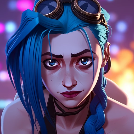 A close-up portrait of Jinx from Arcane, with her signature blue hair in long braids, wearing goggles on her head and a mischievous grin on her face. The background features neon lights and an explosion in the distance, capturing her chaotic and wild personality.