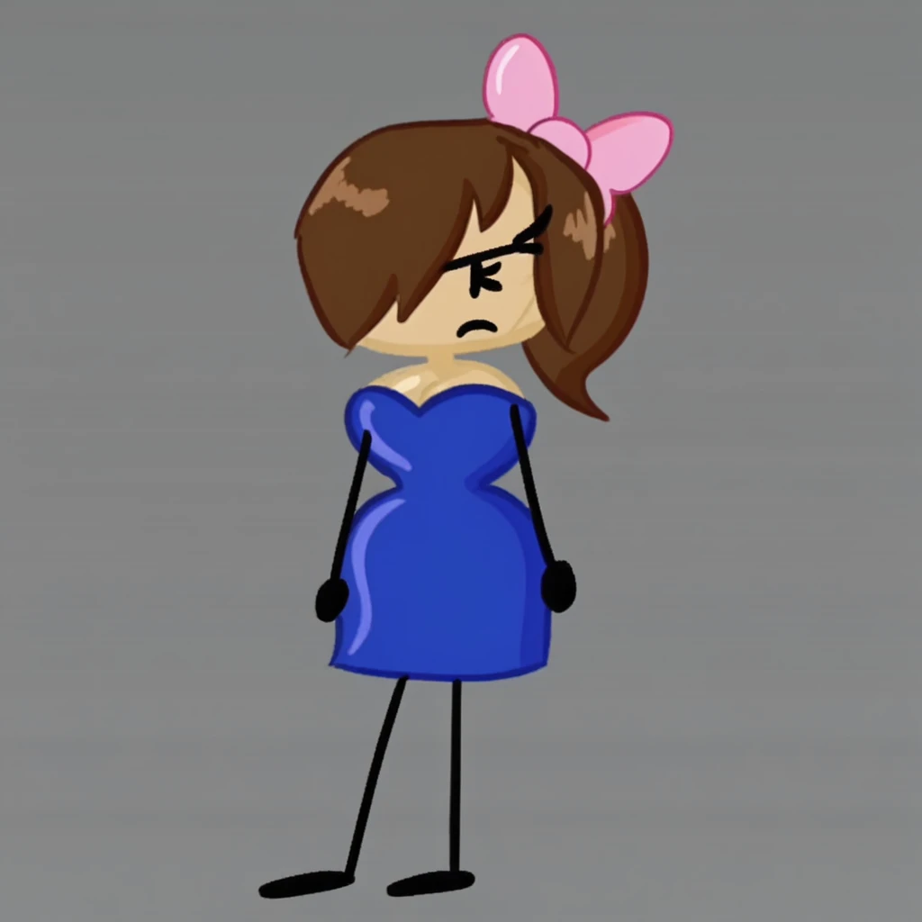 Brown Hair, Ponytail, Pink Hairbow, Blue Dress, Eyelashes, No Nose, Simple Eyes, Dot Eyes, One Eye Covered, 1girl, solo, standing