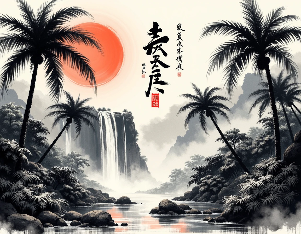 <lora:calligraphy_ink:1> monochrome Chinese text and smudged and faded ink brush style, tropical jungle with large palm trees and dense ferns in a faded smudged brush strokes calligraphy ink style, with a rising sun and waterfalls with Chinese text in background