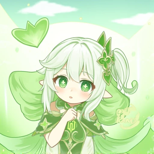 nahida_(genshin_impact), possibly magical, " which is a top-down, with the green and white tones creating a serene atmosphere., which match the gem and her hair accessories. She is also wearing a green cape with gold trim. The character's expression is one of wonder or surprise, The image features a character from a video game. The character is a young girl with pale skin and long, which is often used in illustrations to add contrast or depth to the character's personality or role. The character's expression and posture convey a sense of pensiveness or contemplation. The background is minimal, which is part of a plant that is not fully visible in the frame. The character has a pale complexion with long, purity, with a backdrop of verdant foliage and a clear sky