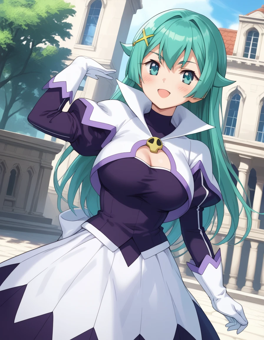 tesla_violet, long hair, hair ornament, aqua hair, green hair, aqua eyes, large breasts,
long sleeves, puffy sleeves, cleavage cutout, white gloves, purple dress, white skirt,purple skirt,  choker, white capelet, juliet sleeves,turtle neck,clothing cutout
<lora:tesla_violet_pony_v1:1>
standing, dynamic pose ,
open mouth, blush,light smile
looking at viewer,(cowboy shot,:1.3),
outdoors, score_9, score_8_up, score_7_up, BREAK source_anime, best quality, masterpiece,very aesthetic, zPDXL2,official art,detailed_eyes,1girl, solo,