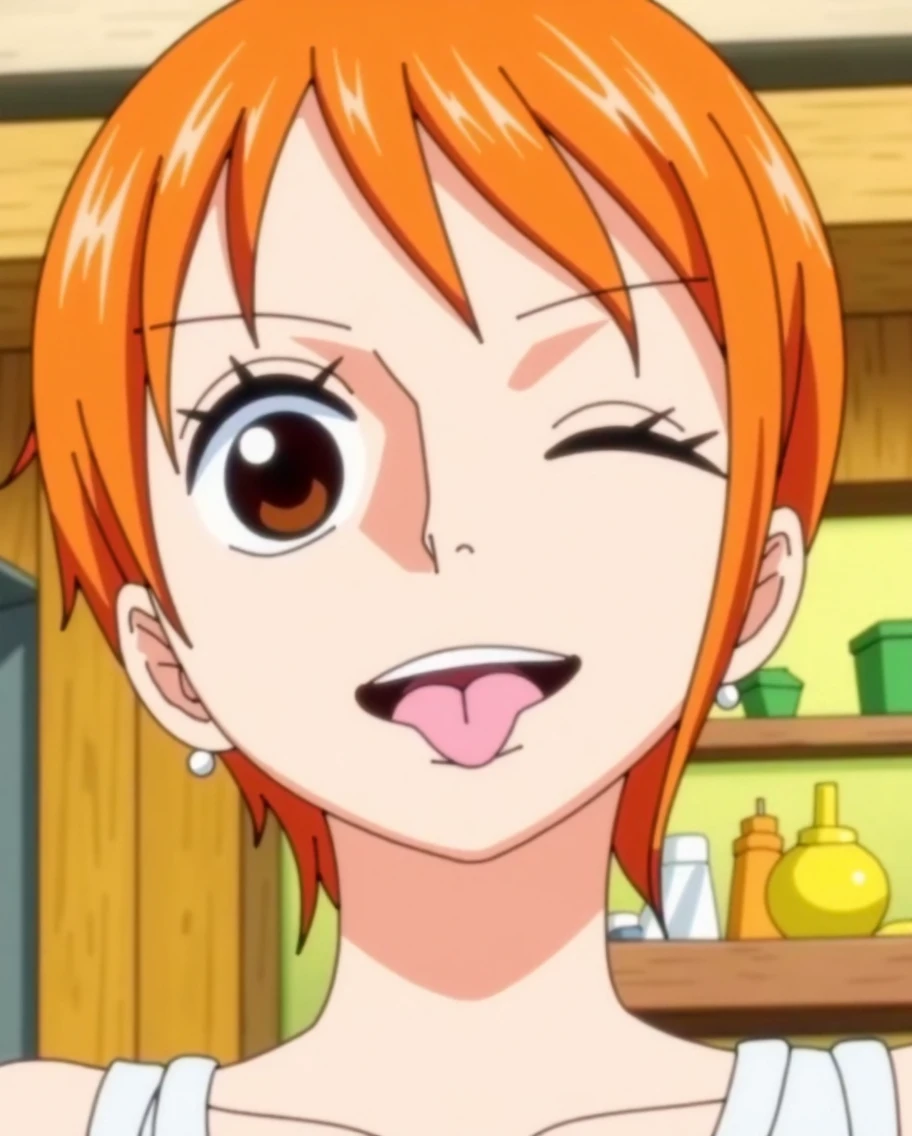 solo, Nami,1girl,orange hair,, short hair, blush, close up, nude, room, indoors, highres, side, on side, looking at side,, small breasts, nipples, , loli, swallow, swallowing, neck, closed eyes, head up, looking up,