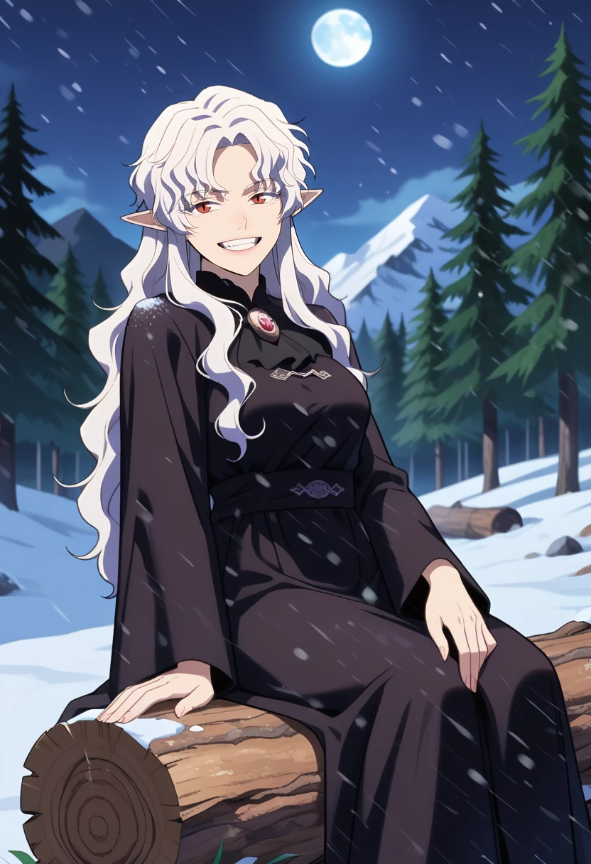 score_7_up, anime screencap,
<lora:SoloMaxLevelNewbie_OpheliaXL:0.9>, OpheliaSMLN,
1girl, solo, grin, teeth, 
long hair, wavy hair, white hair, parted bangs, red eyes, slit pupils, pointy ears,
black robe, brooch, mature,
sitting, looking at viewer, log, wood, forest, moon,
blurry background, night, night sky, outdoors, snow, snowing, mountains