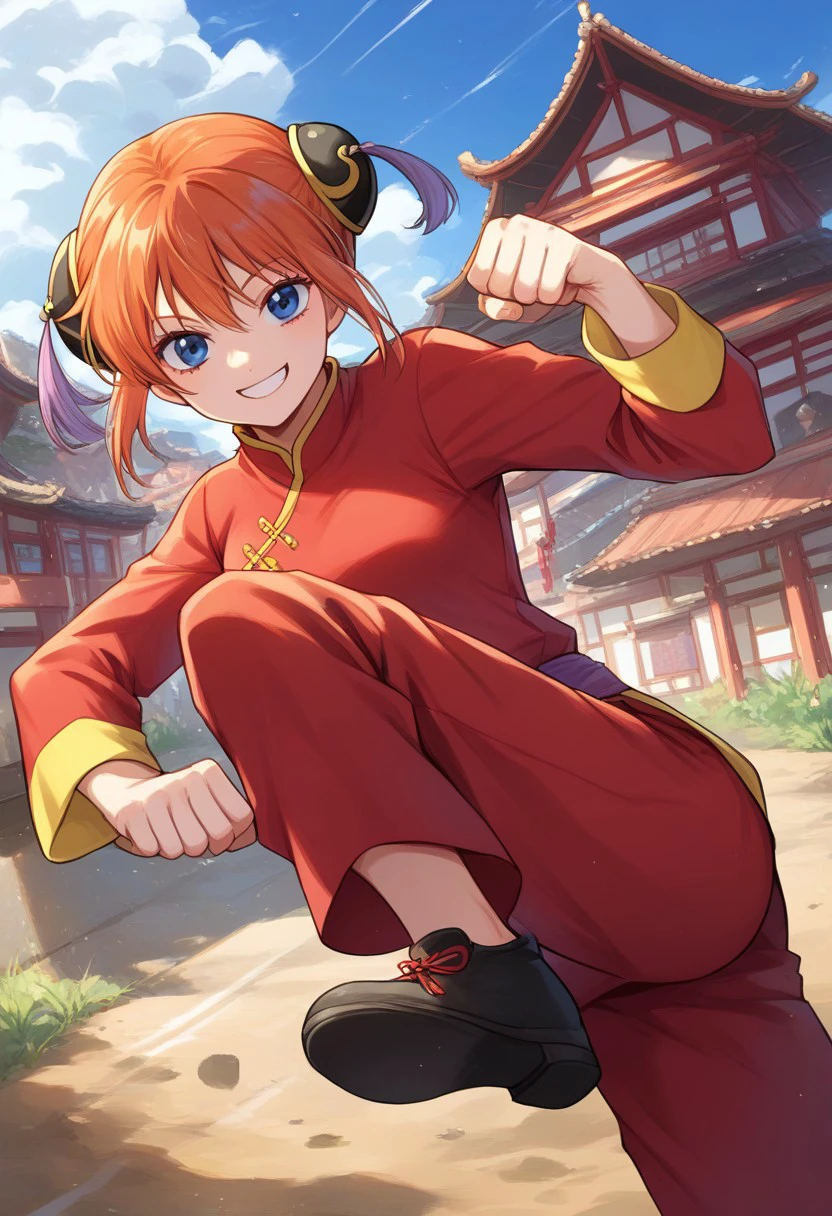 score_9, score_8_up, score_7_up, rating_safe BREAK 1girl, solo, cute orange hair, kagura_gintama, red shirt, long sleeves, red pants, black slip-on shoes, fighting pose, confident, smile, old Japanese village, dirt road,