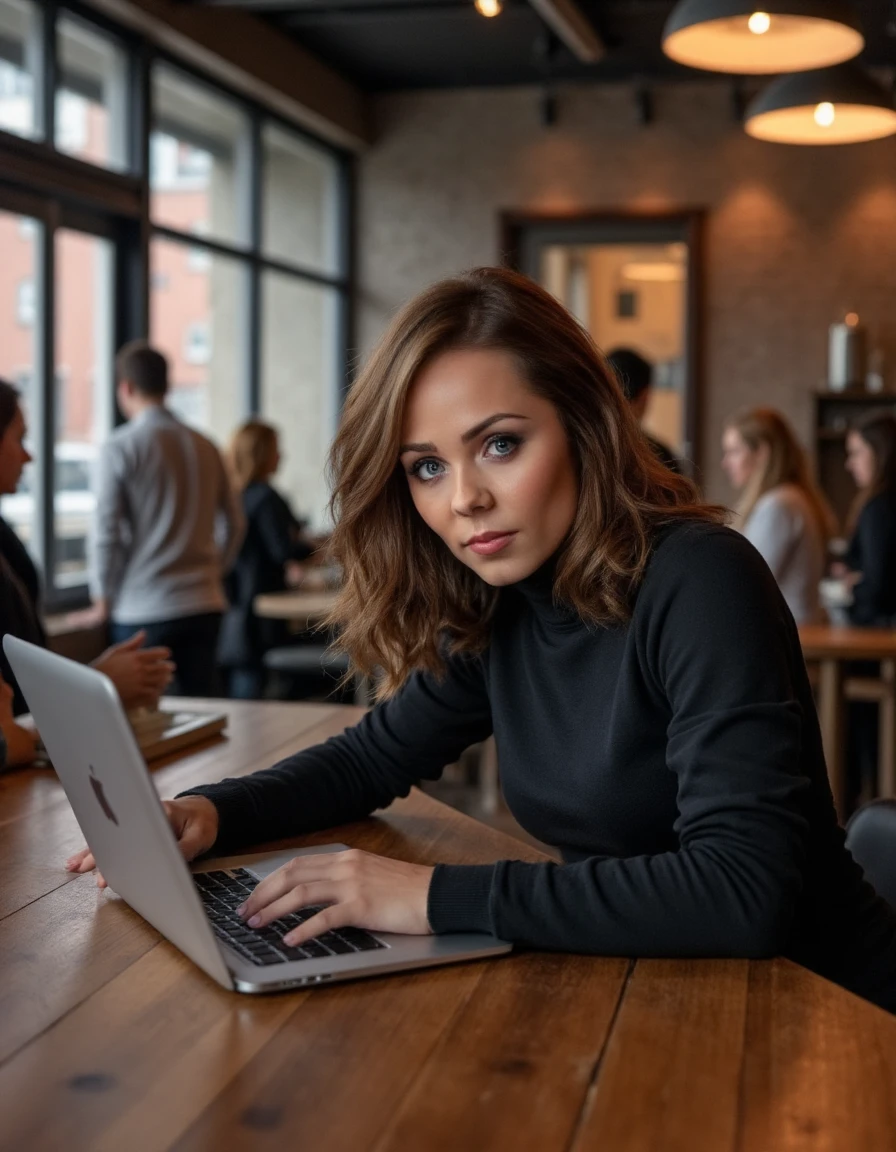closeup photo of lrvndrvrt looking at the viewer, with a laptop, working intently in a bustling urban café, surrounded by other patrons engaged in conversations, the barista preparing coffee in the background, and the soft glow of hanging lights reflecting off the polished tables. <lora:Laura_Vandervoort:1>