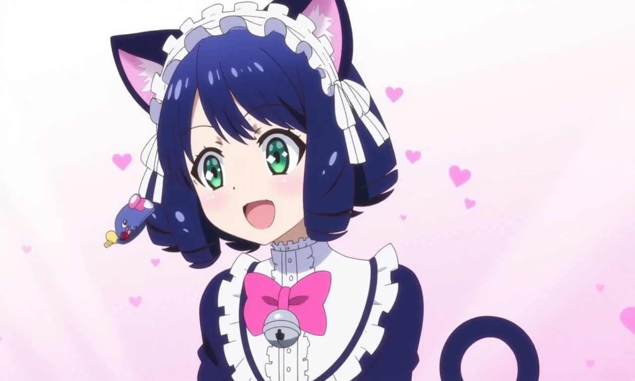 c14n girl, solo, bell, green eyes and dark blue hair, open mouth, bow, curly hair, looking at viewer, upper body, bowtie, maid headdress, blush, frills, :o, v-shaped eyebrows, she has a black cat tail, she is holding a Strawberrie ,<lora:c14n:1>