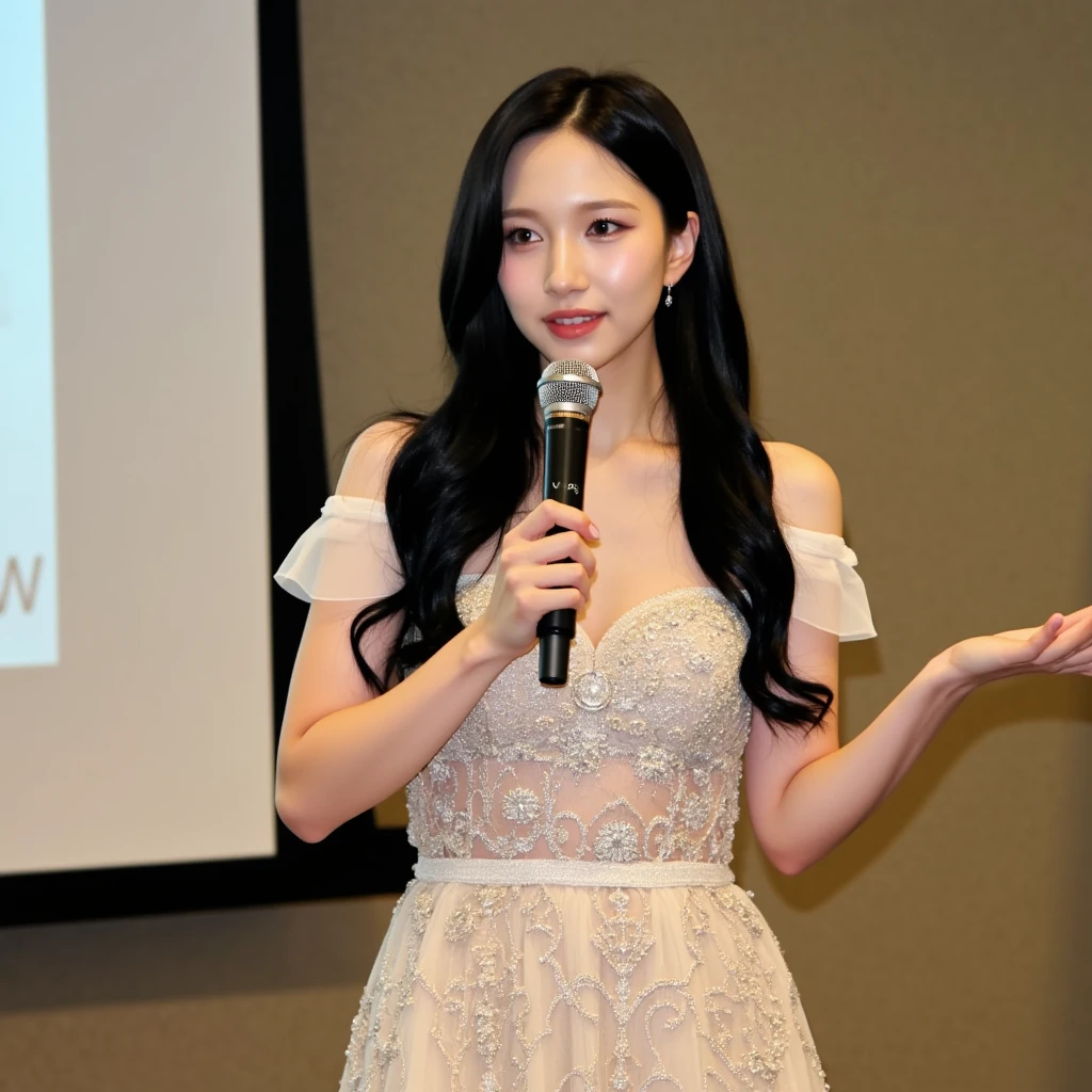 Myoi wearing a stunning dress on a press conference, she is presenting a presentation with a microphone in her hands looking to the audience, she wears subtle makeup and has long black hair