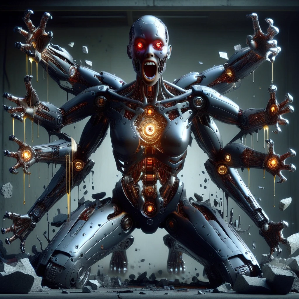 humanoid robot, 1girl, exhibiting complex robot joints, oil and grease visibly dripping from joints and crevices, full body depiction, covered in intricate mechanical parts, no humans present, ultra-realistic detailing, portrayed as a solo figure, bald head with glowing red eyes looking upwards, defined nose, mouth wide open revealing sharp teeth, facial expression conveying a scream, mechanical chest with visible breasts, central glowing core emitting a bright light, equipped with ten mechanical arms extending from the back, each arm ending in detailed open hands with mechanical fingers, mechanical legs bent on knees, mechanical feet exposed, barefoot, surrounded by scattered debris, dimly lit industrial environment, high contrast lighting highlighting the glow from the core and eyes, adding a sense of tension and drama